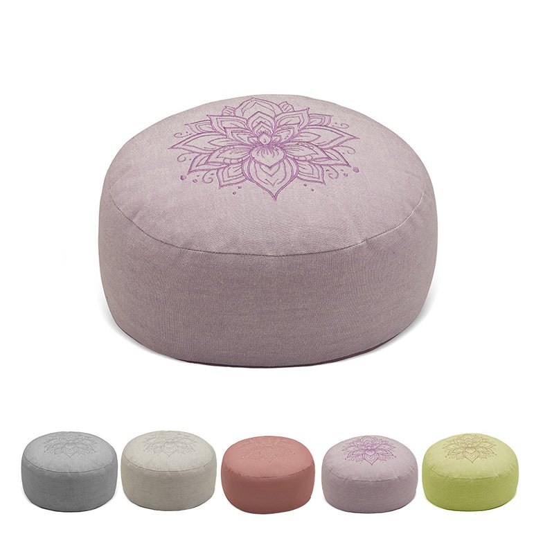 Hi-Zafu Meditation Cushion with Lotus Embroidery filled with Buckwheat Hulls- Lavender