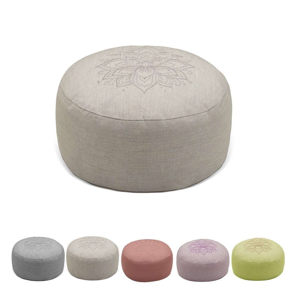 Hi-Zafu Meditation Cushion with Lotus Embroidery filled with Buckwheat Hulls- Light Grey