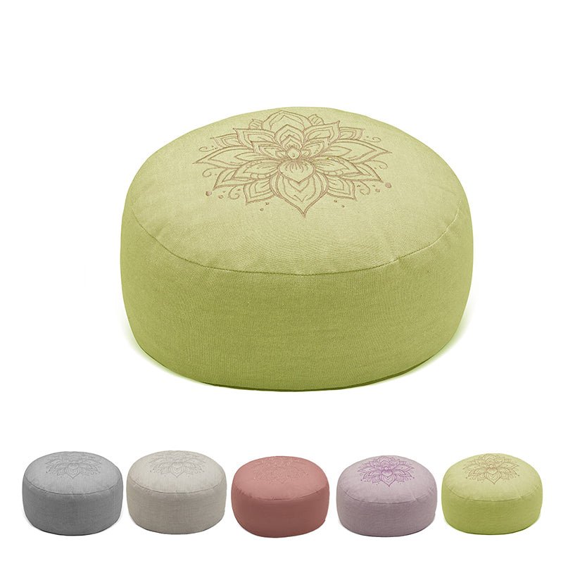 Hi-Zafu Meditation Cushion with Lotus Embroidery filled with Buckwheat Hulls- Sage