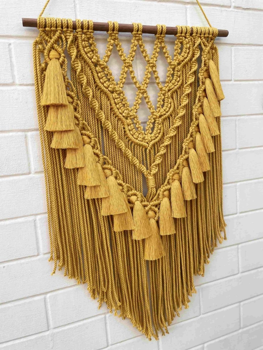 Honey Comb Yellow Macrame Cotton Wall Art with Tassels