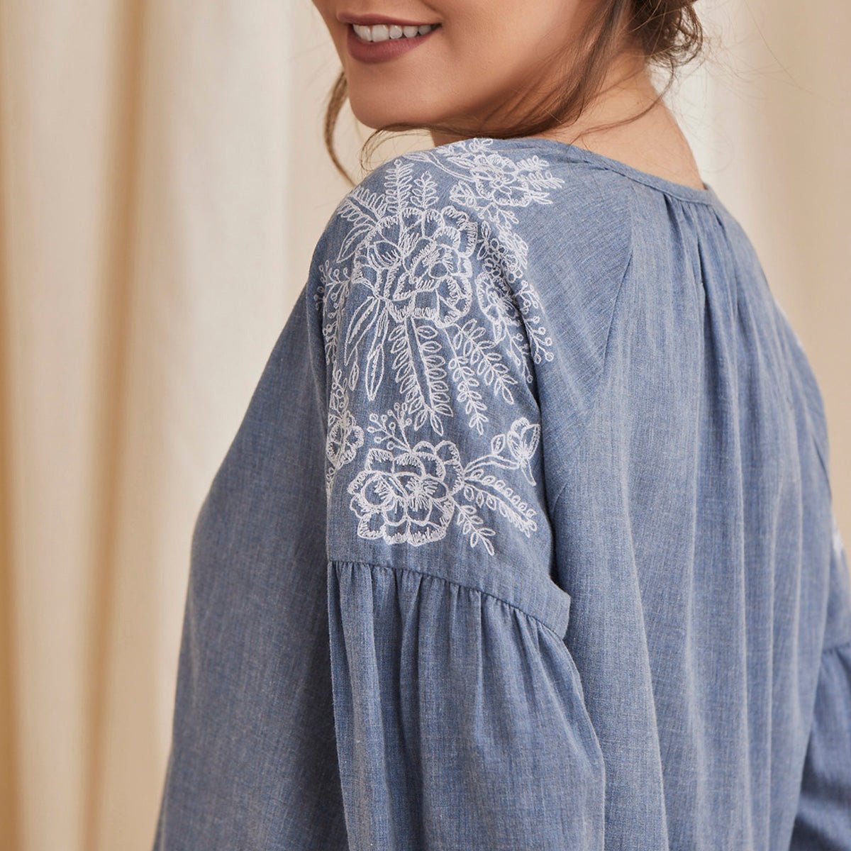 Hyacinth - Organic Cotton Peasant Top with Embroidery  - Blue