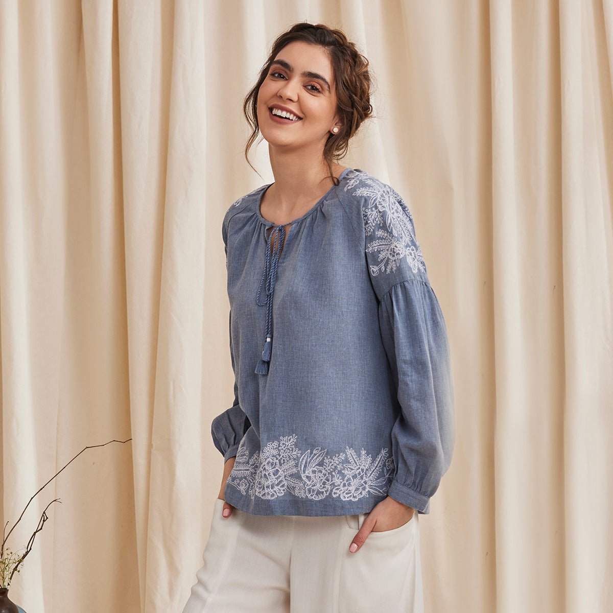 Hyacinth - Organic Cotton Peasant Top with Embroidery  - Blue