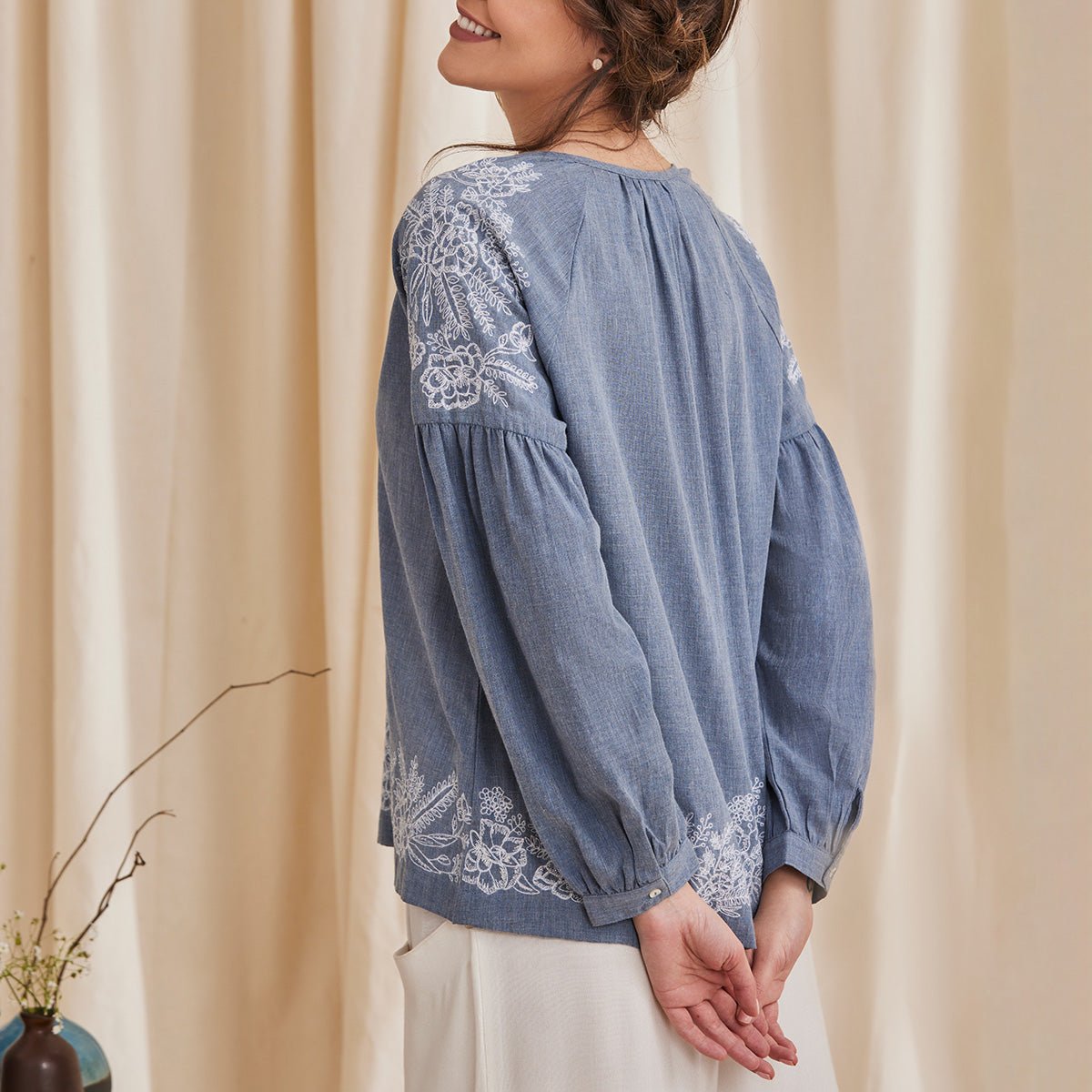 Hyacinth - Organic Cotton Peasant Top with Embroidery  - Blue