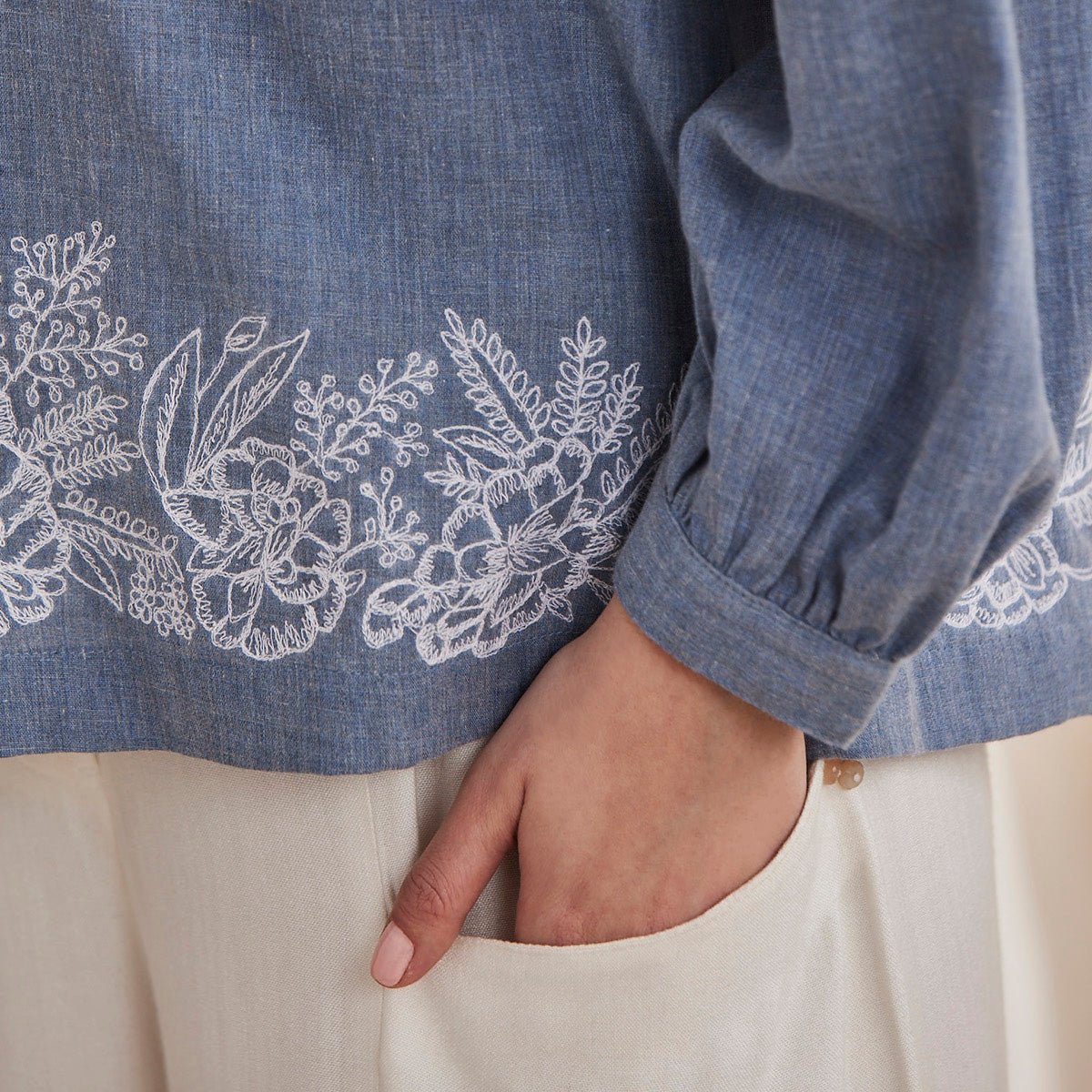 Hyacinth - Organic Cotton Peasant Top with Embroidery  - Blue