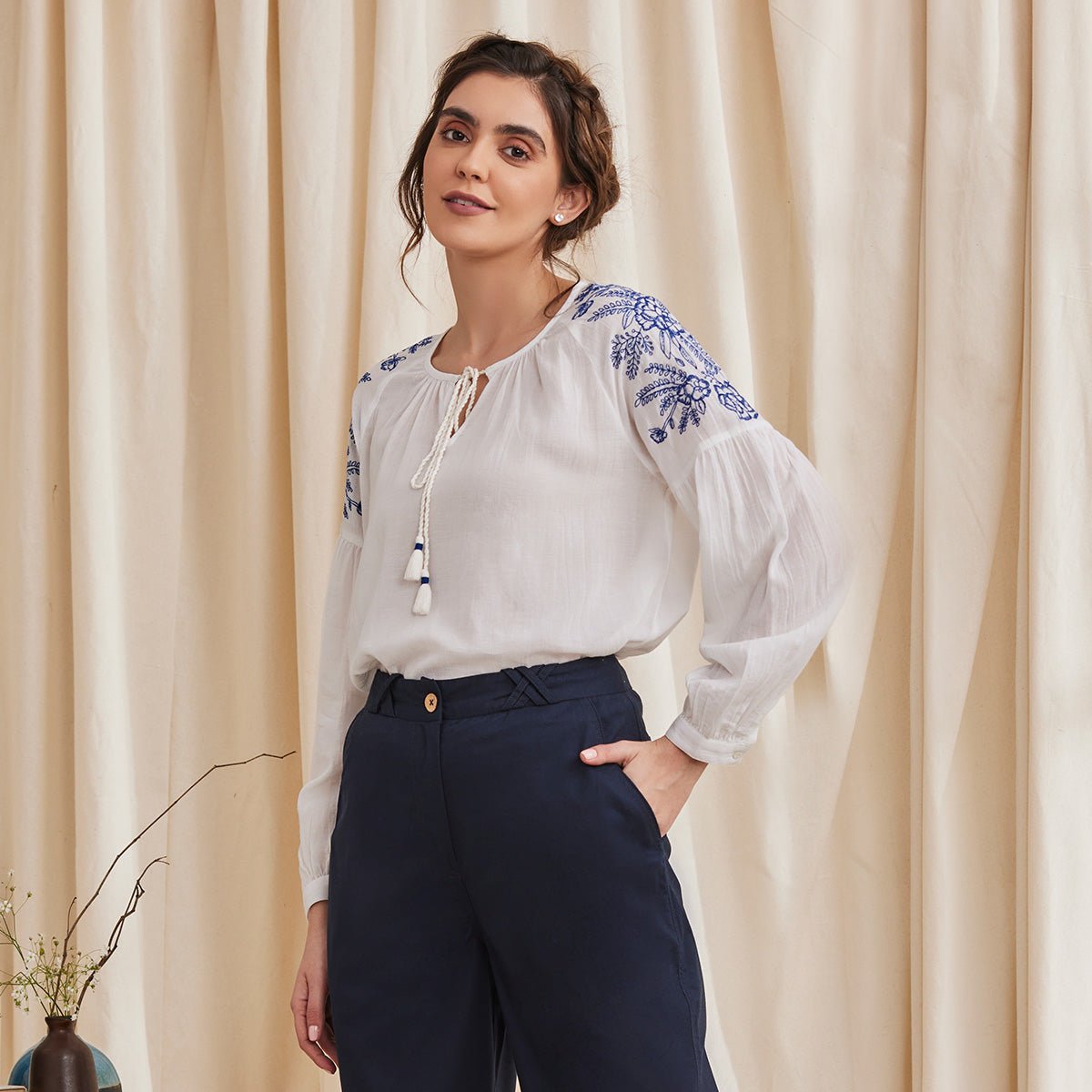 Hyacinth - Organic Cotton Peasant Top with Embroidery  - White