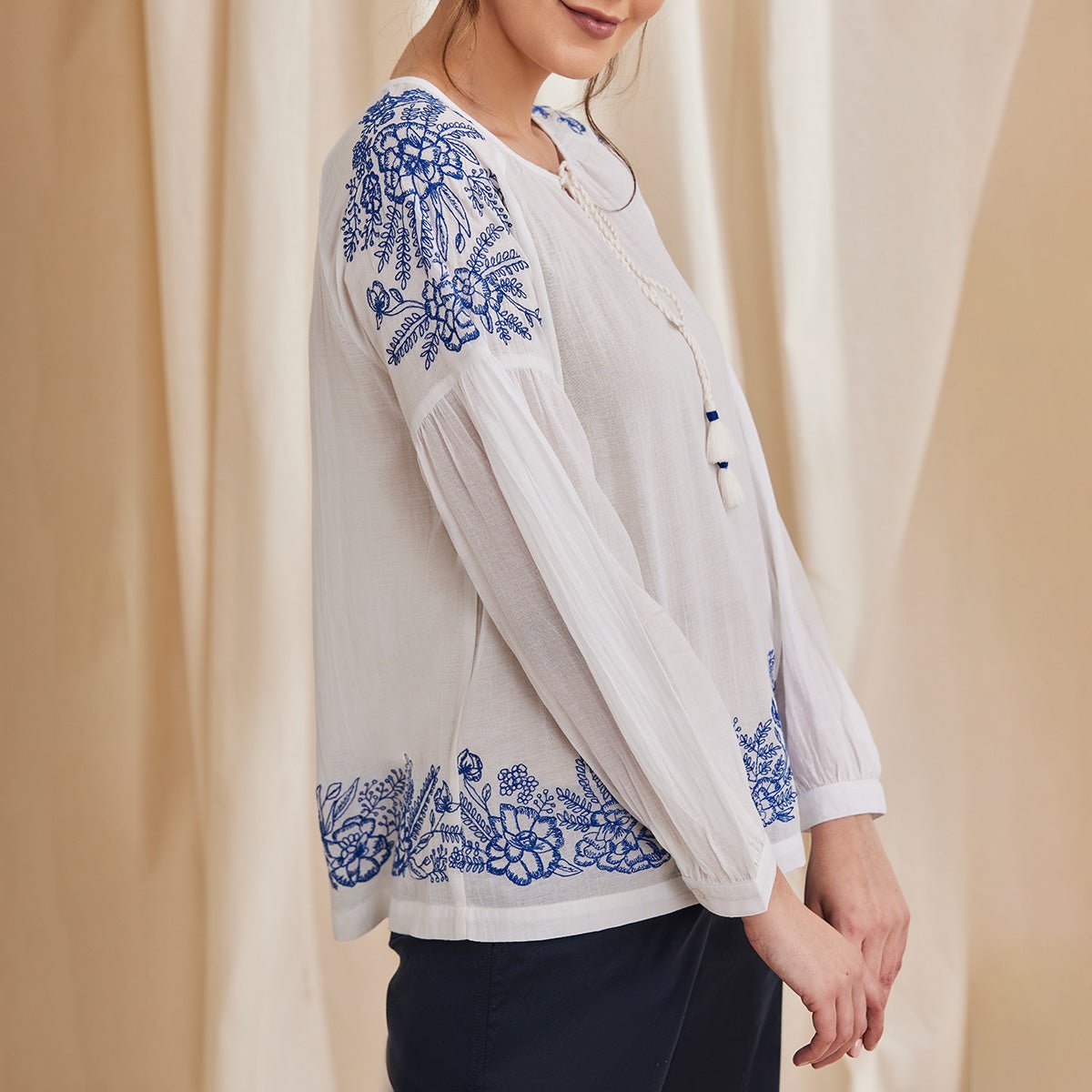 Hyacinth - Organic Cotton Peasant Top with Embroidery  - White