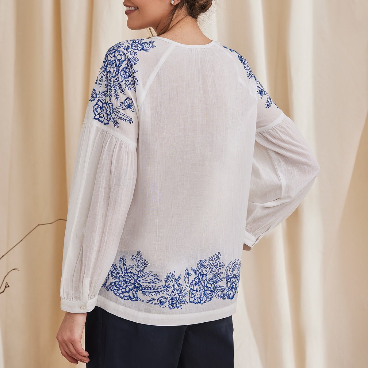 Hyacinth - Organic Cotton Peasant Top with Embroidery  - White