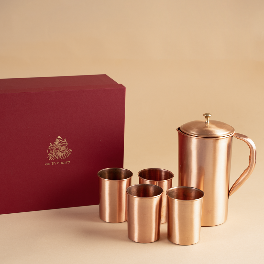 Pure Copper Jug & 4 Glasses with Gift Box | Wedding Gift Pack