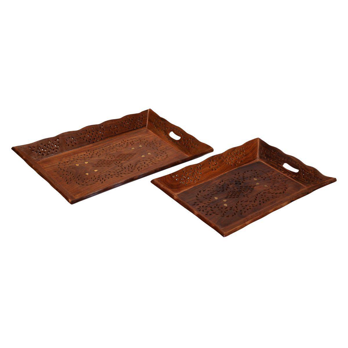 Indian Rosewood Sheesham Designer Handcrafted Serving Tray Set I 14x9.5 & 12x8.5in