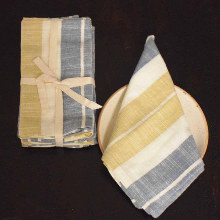 Indigo- Beige  Handloom Cotton Striped Dining Napkins-Set of 6