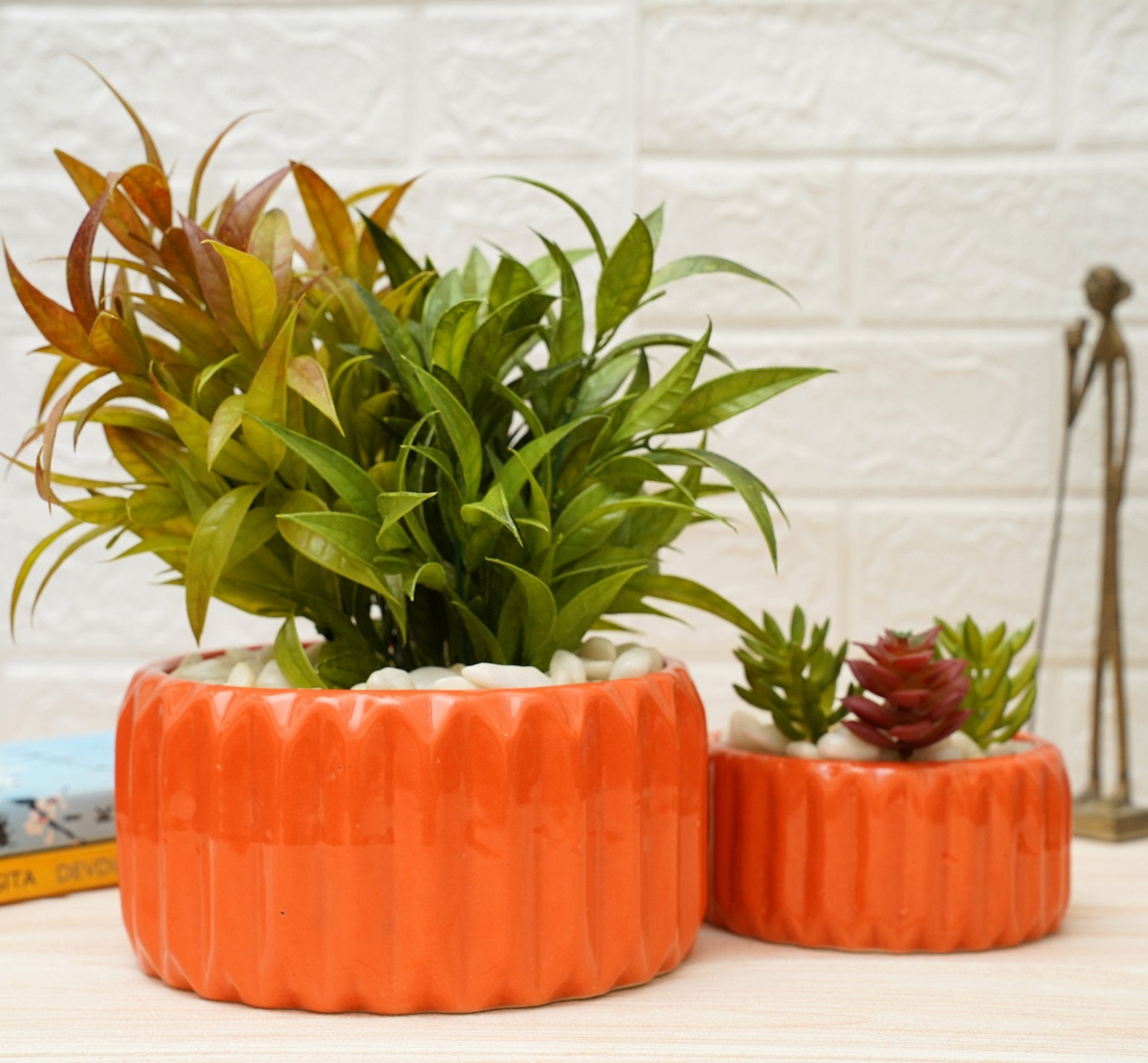 Indoor Ceramic Pot for Living Room - Orange, Set of 2