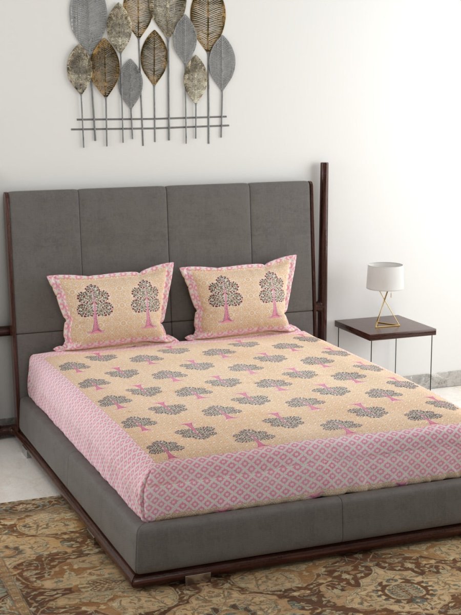 Jaipuri Hand Printed King Size Cotton Bedsheet with Pillow Covers- Pink & Peach