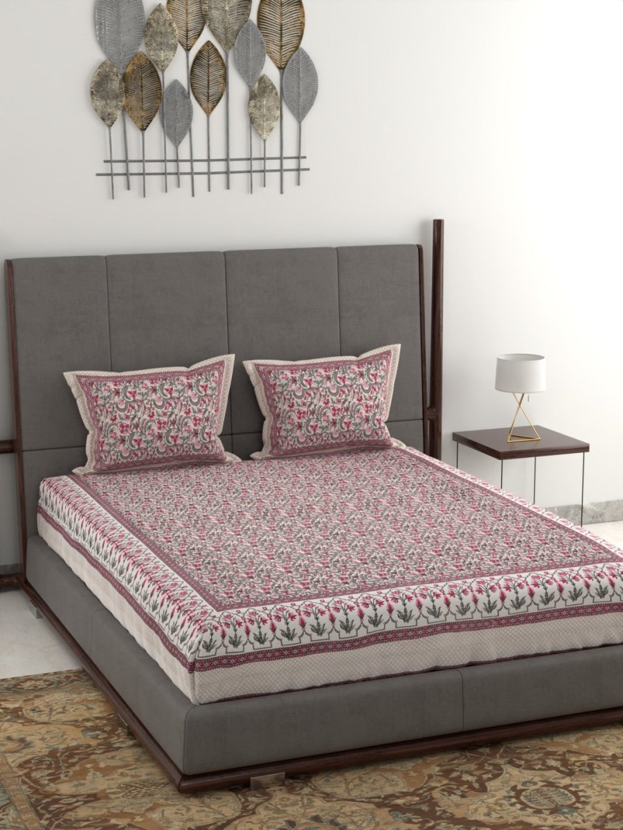 Jaipuri Hand Printed King Size Cotton Bedsheet with Pillow Covers