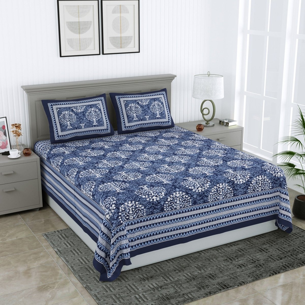 Jaipuri Hand Printed Queen Size Cotton Blue Bedsheet with Pillow Covers