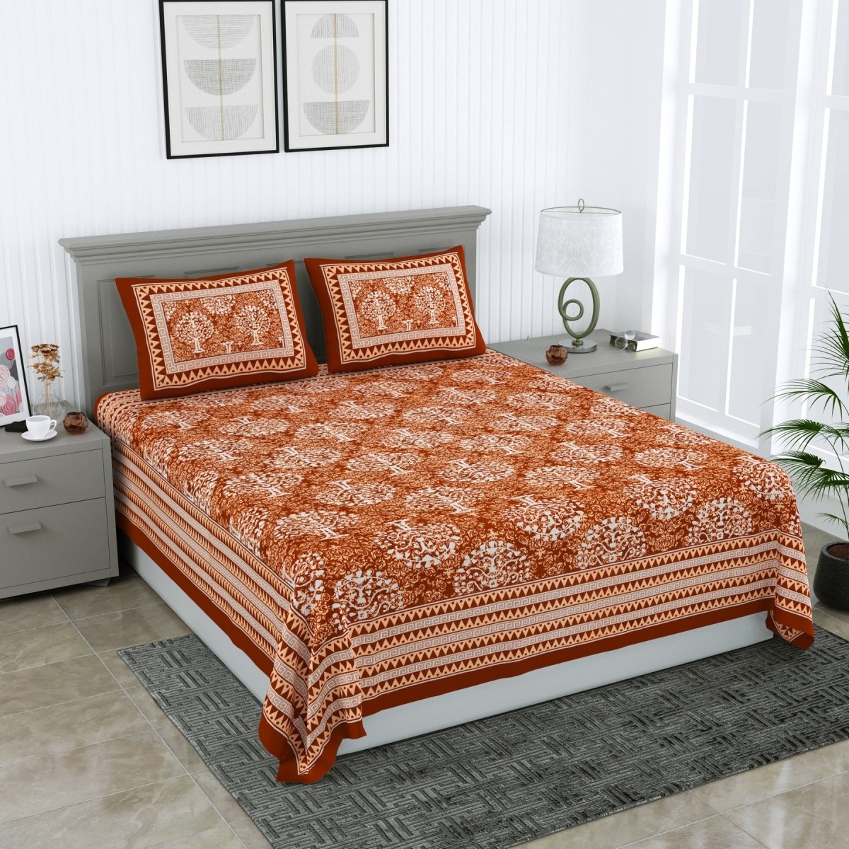 Jaipuri Hand Printed Queen Size Cotton Orange Bedsheet with Pillow Covers