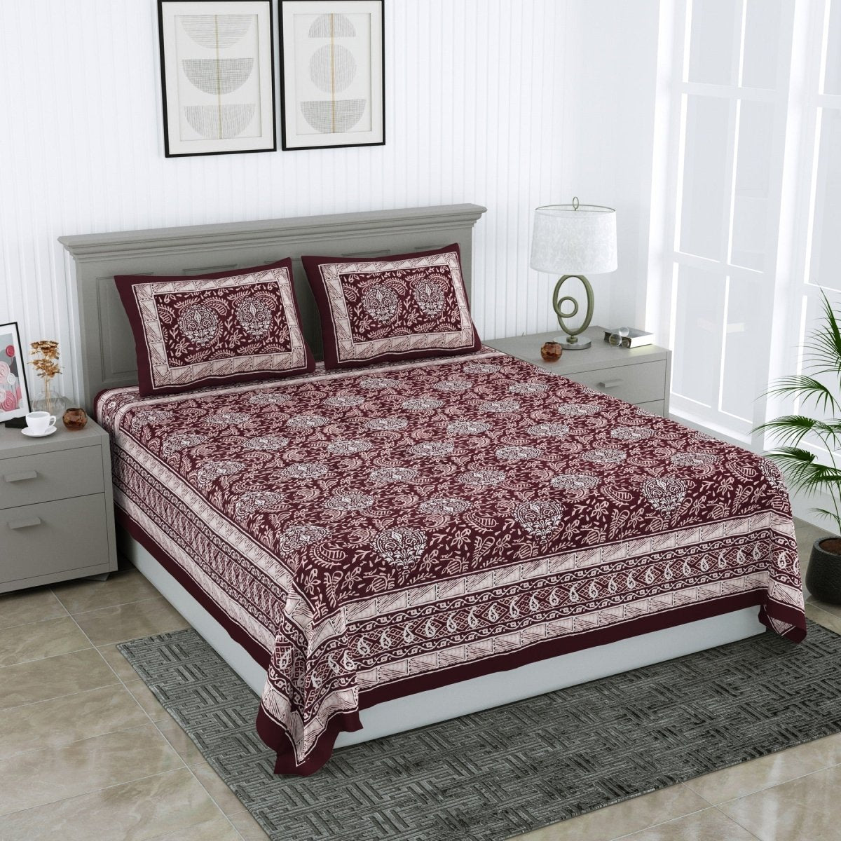 Jaipuri Hand Printed Queen Size Cotton Brown Bedsheet with Pillow Covers