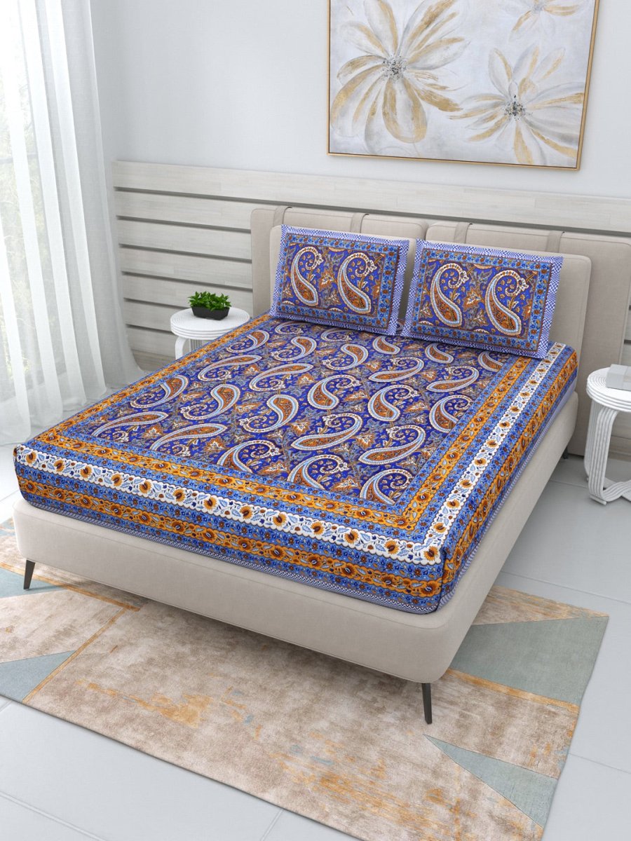 Jaipuri Hand Printed Queen Size Cotton Lavender Bedsheet with Pillow Covers