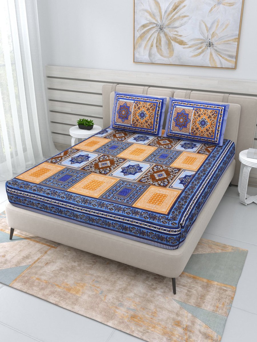 Jaipuri Hand Printed Queen Size Cotton Blue Bedsheet with Pillow Covers