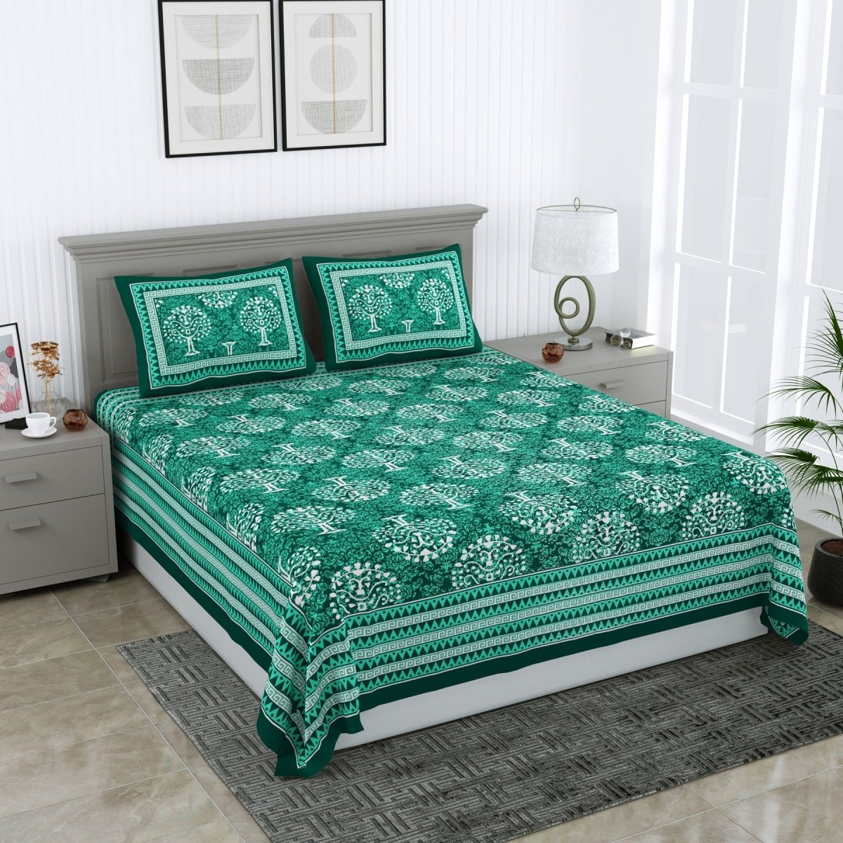 Jaipuri Hand Printed Queen Size Cotton Green Bedsheet with Pillow Covers