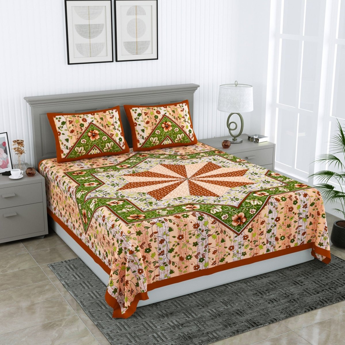 Jaipuri Hand Printed Queen Size Cotton Multicolor Bedsheet with Pillow Covers