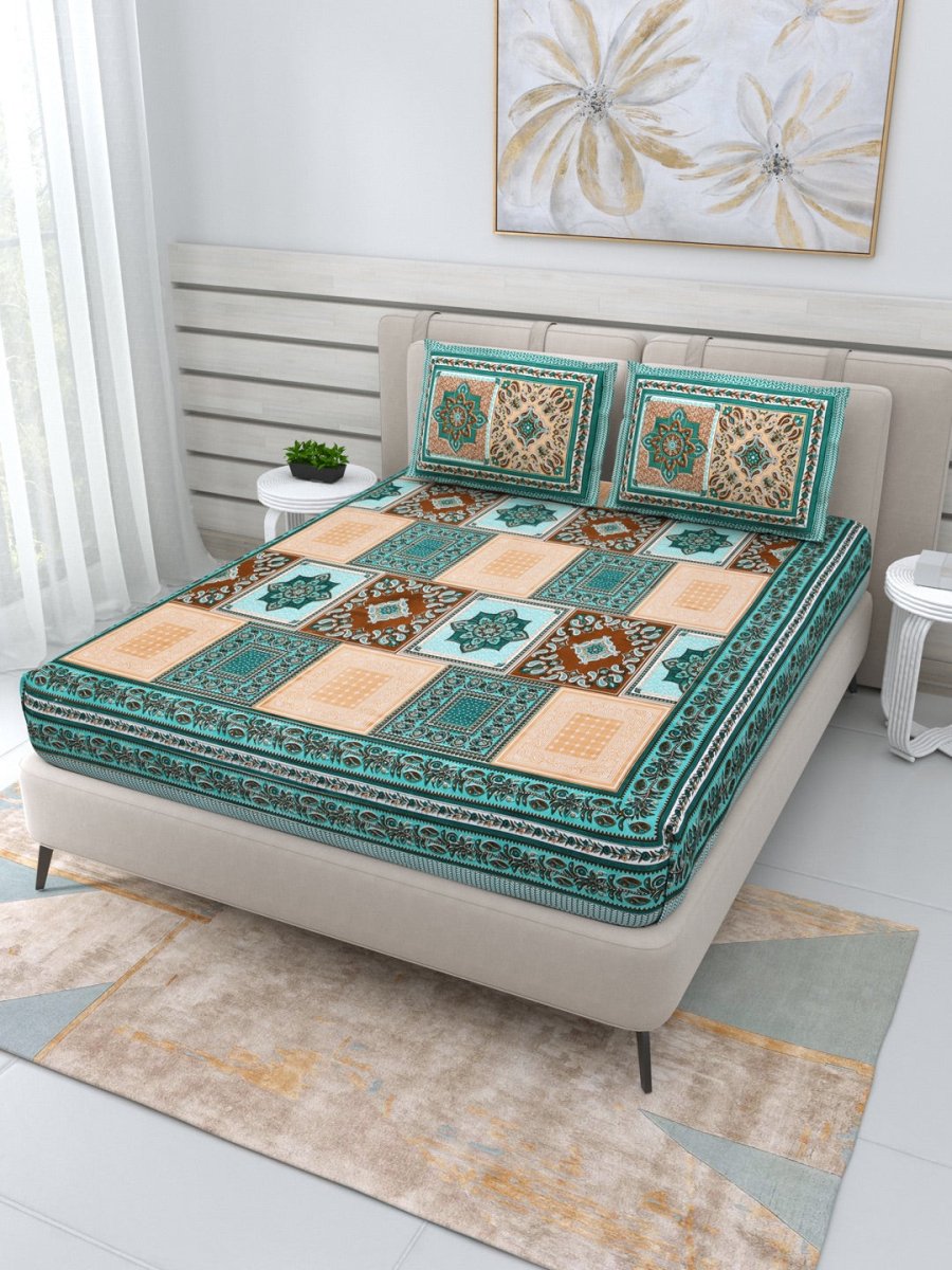 Jaipuri Hand Printed Queen Size Cotton Green Bedsheet with Pillow Covers