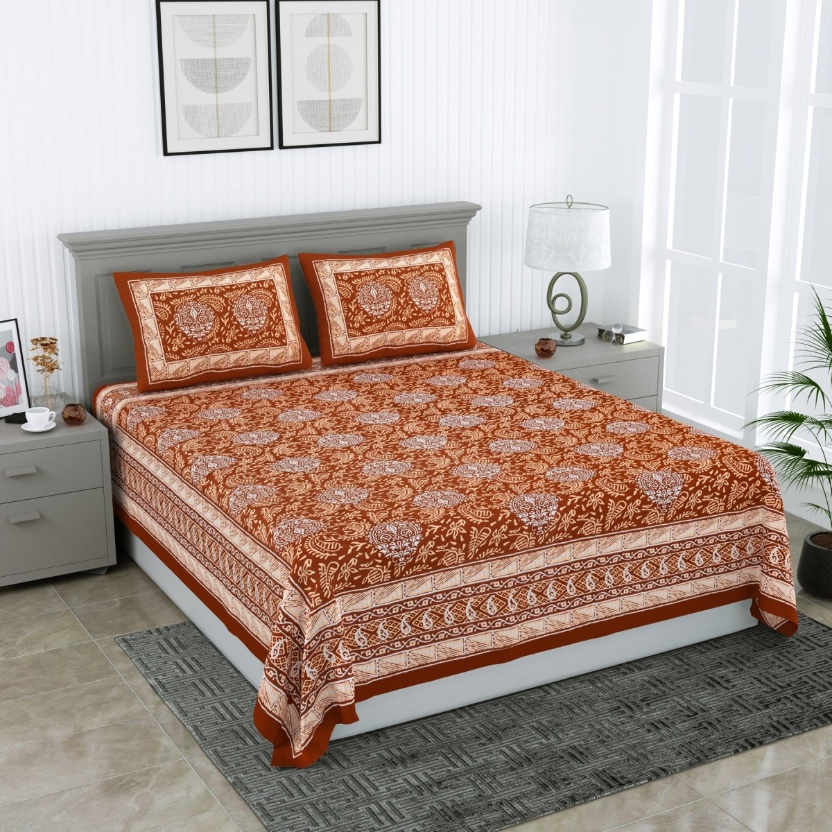 Jaipuri Hand Printed Queen Size Cotton Orange Bedsheet with Pillow Covers