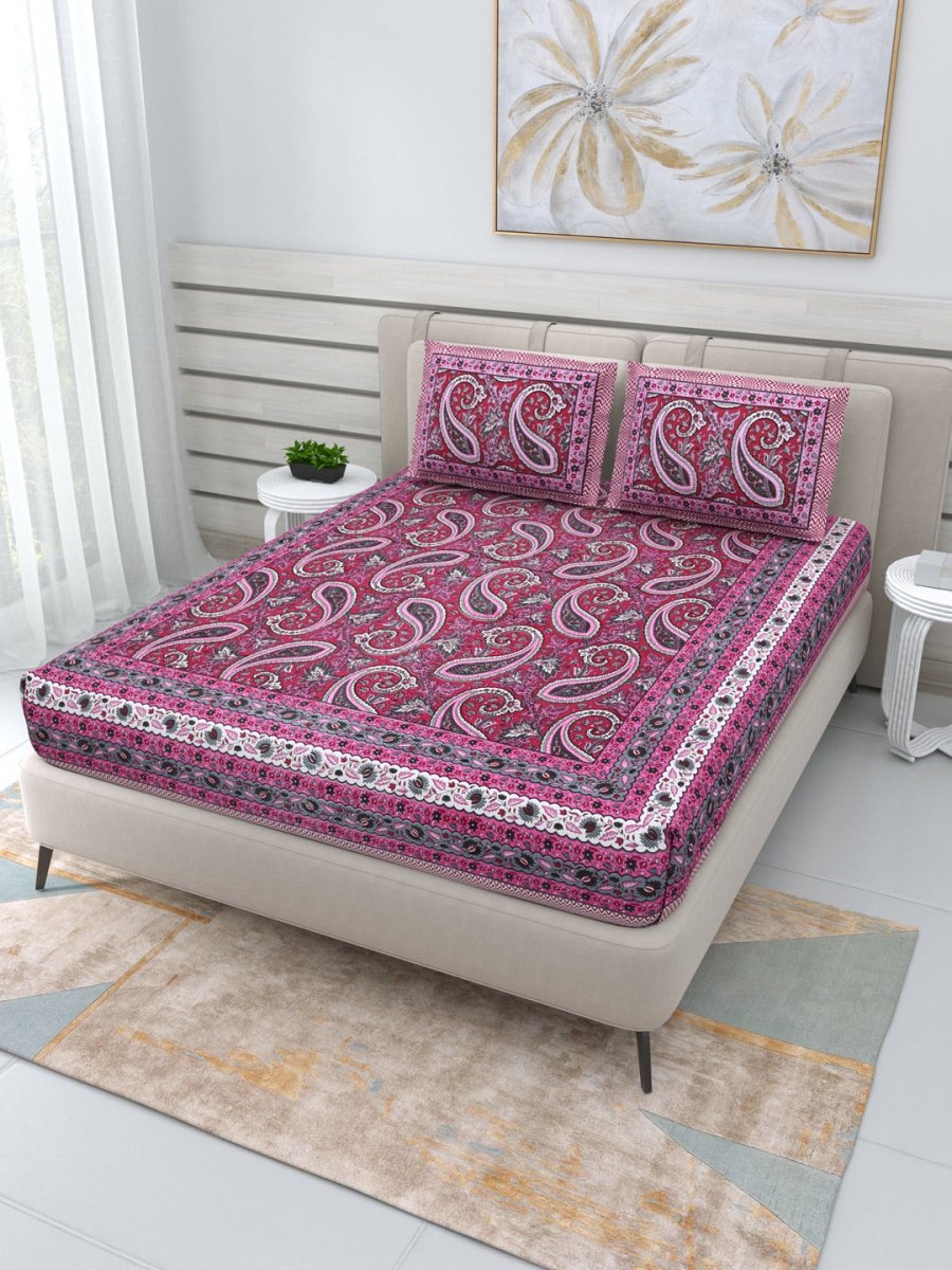 Jaipuri Hand Printed Queen Size Cotton Pink Bedsheet with Pillow Covers