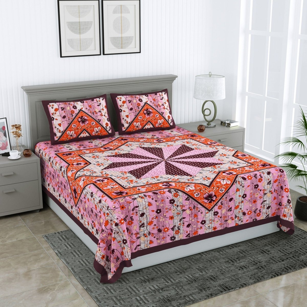 Jaipuri Hand Printed Queen Size Cotton Orange Bedsheet with Pillow Covers