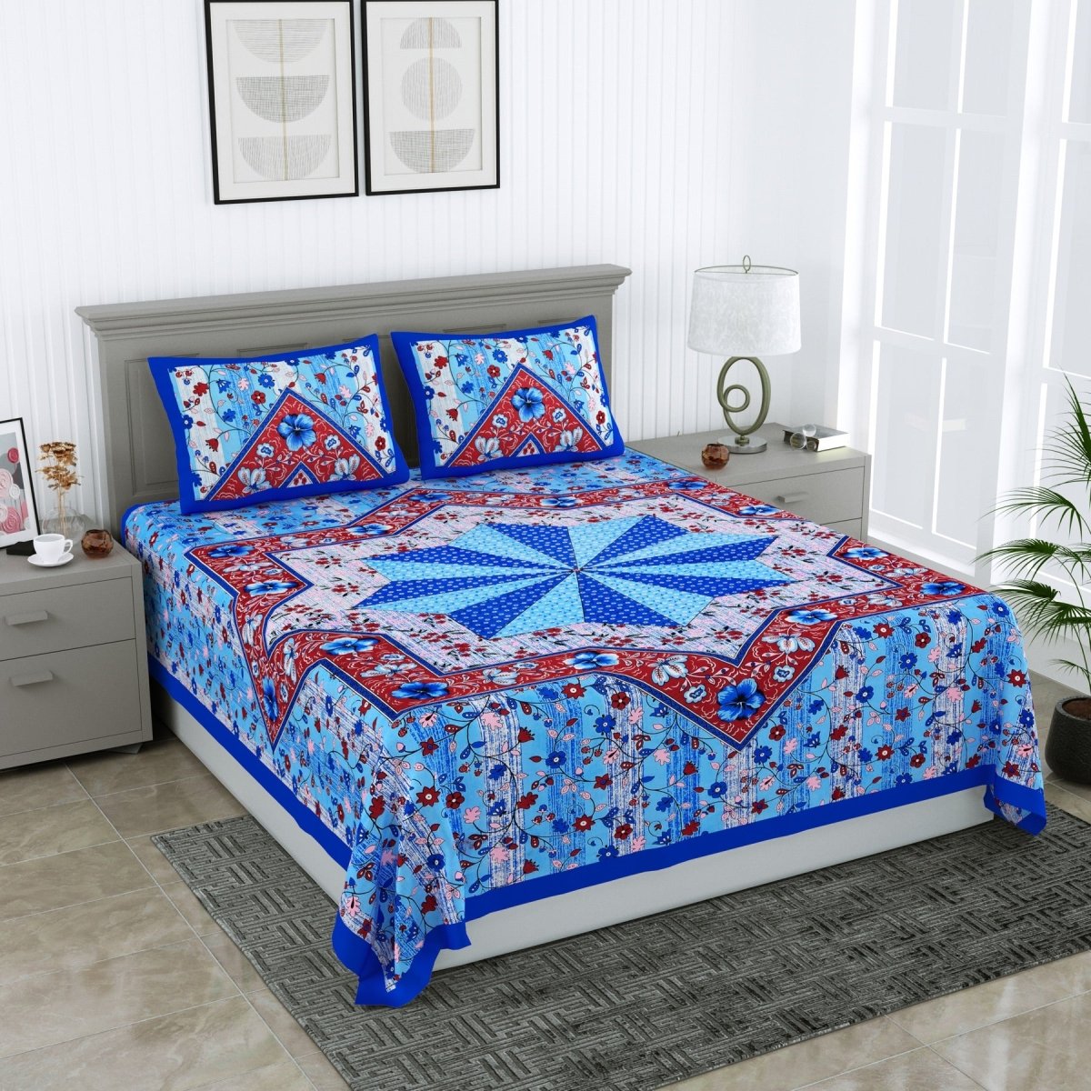 Jaipuri Hand Printed Queen Size Cotton Blue Bedsheet with Pillow Covers