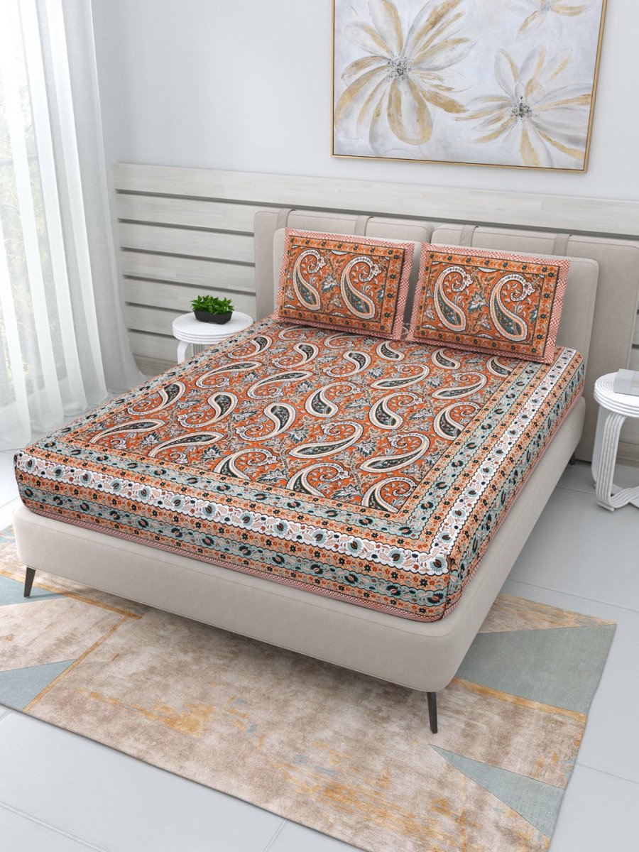 Jaipuri Hand Printed Queen Size Cotton Orange Bedsheet with Pillow Covers