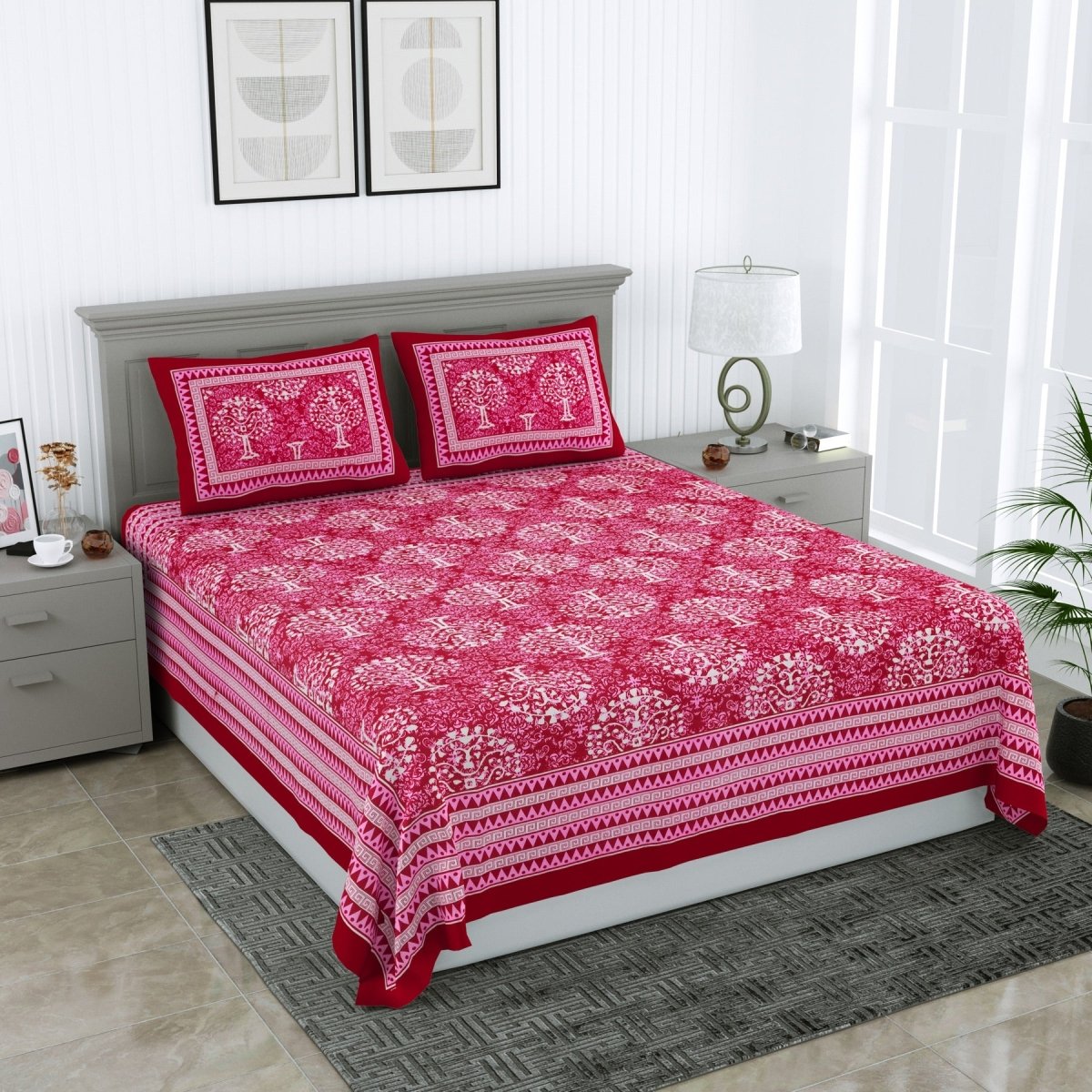 Jaipuri Hand Printed Queen Size Cotton Red Bedsheet with Pillow Covers