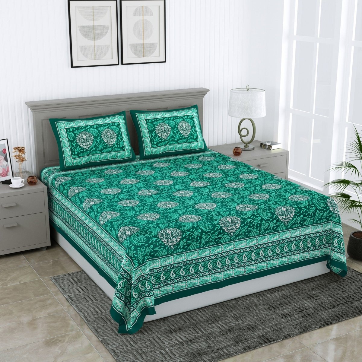 Jaipuri Hand Printed Queen Size Cotton Green Bedsheet with Pillow Covers