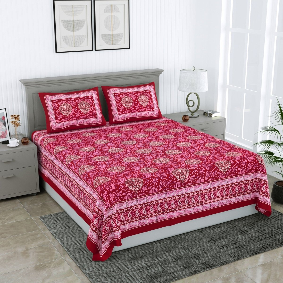 Jaipuri Hand Printed Queen Size Cotton Red Bedsheet with Pillow Covers