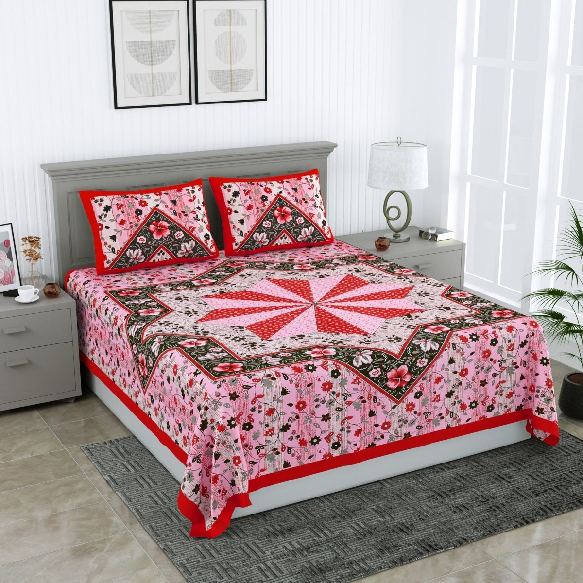 Jaipuri Hand Printed Queen Size Cotton Bedsheet with Pillow Covers