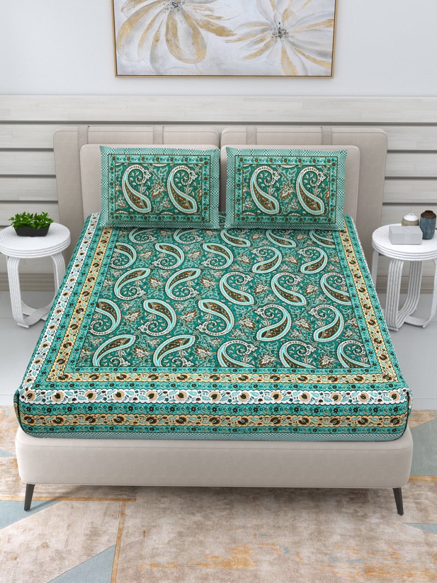 Jaipuri Hand Printed Queen Size Cotton Bedsheet with Pillow Covers- Green