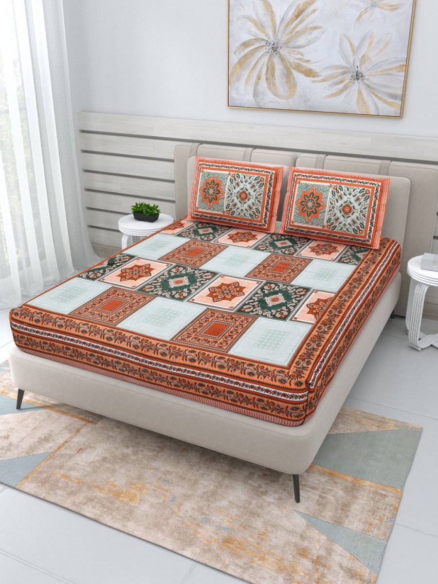 Jaipuri Hand Printed Queen Size Cotton Bedding Set- Orange