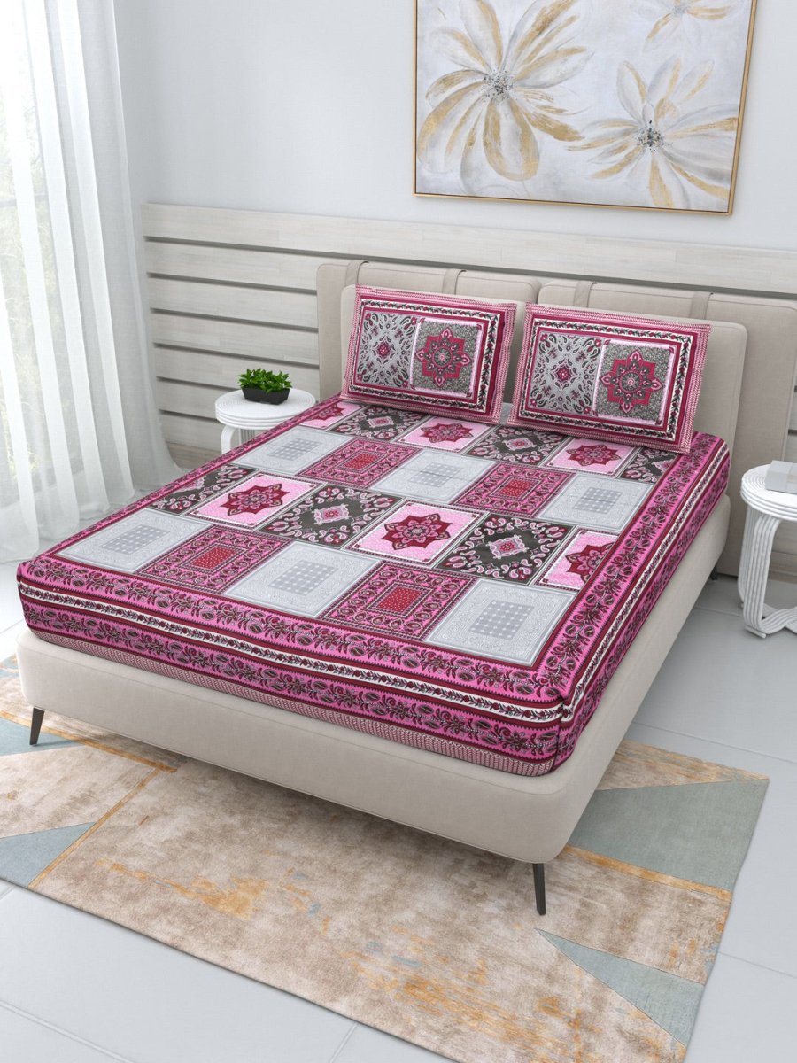 Jaipuri Hand Printed Queen Size Cotton Bedding Set-Pink