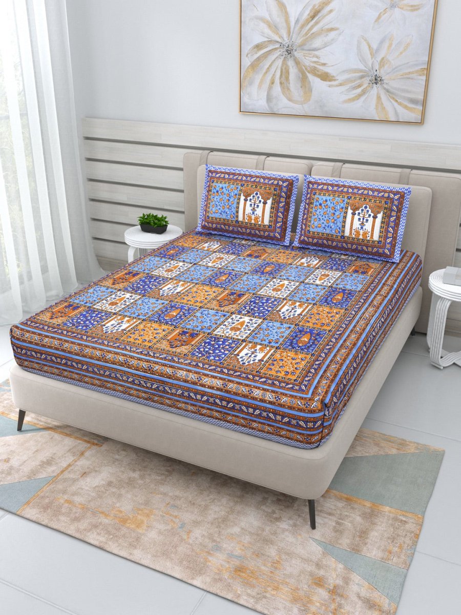 Jaipuri Hand Printed Queen Size Cotton Bedding Set -611