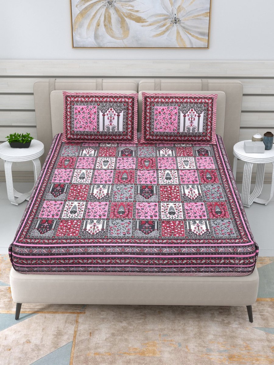 Jaipuri Hand Printed Queen Size Cotton Purple Bedding Set -612