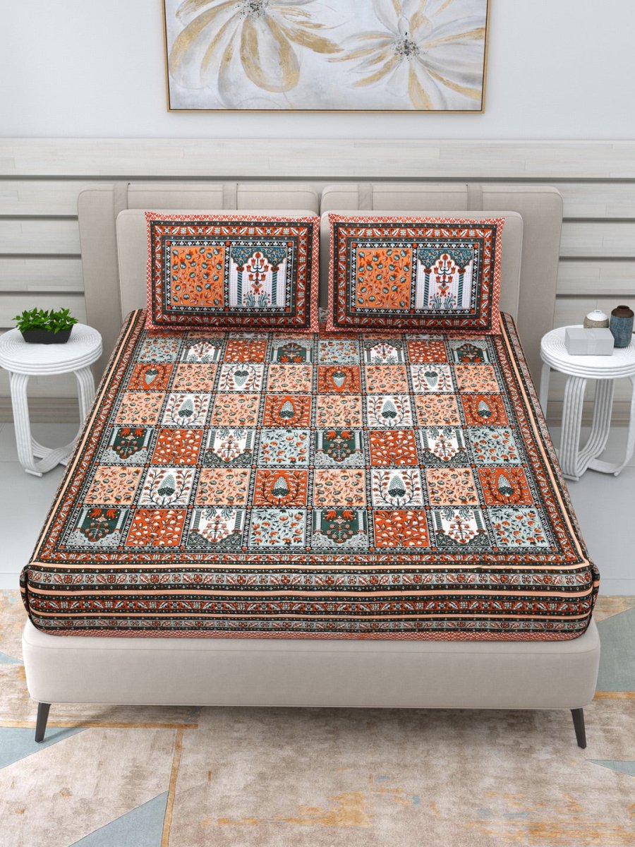 Jaipuri Hand Printed Queen Size Cotton Brown Bedding Set -613