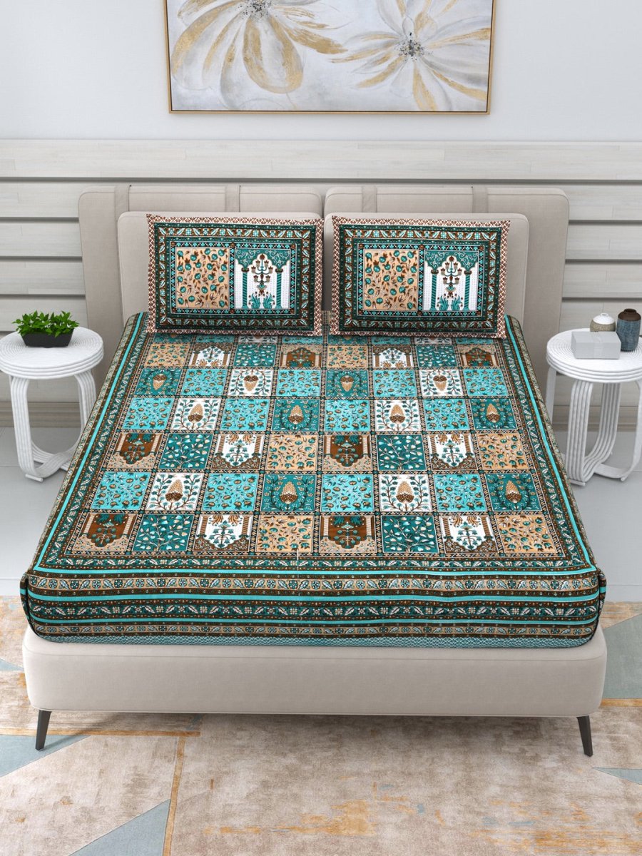 Jaipuri Hand Printed Queen Size Cotton Green Bedding Set -614