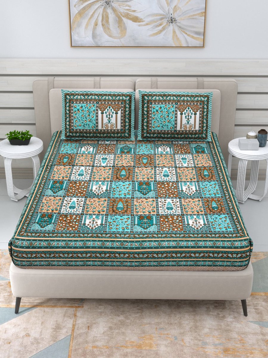 Jaipuri Hand Printed Queen Size Cotton Bedding Set -615