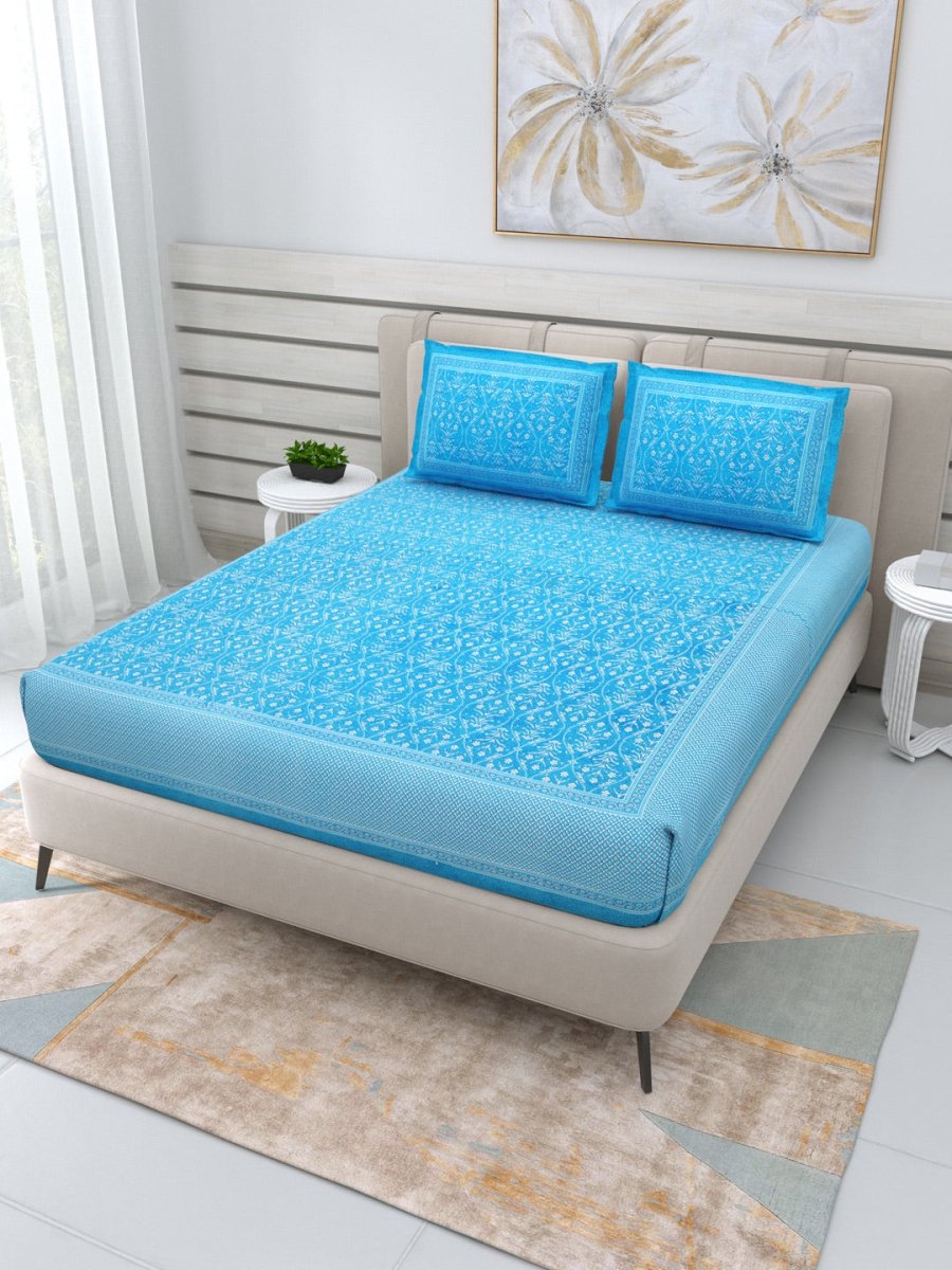 Jaipuri Hand Printed Queen Size Cotton Sea Blue Bedding Set