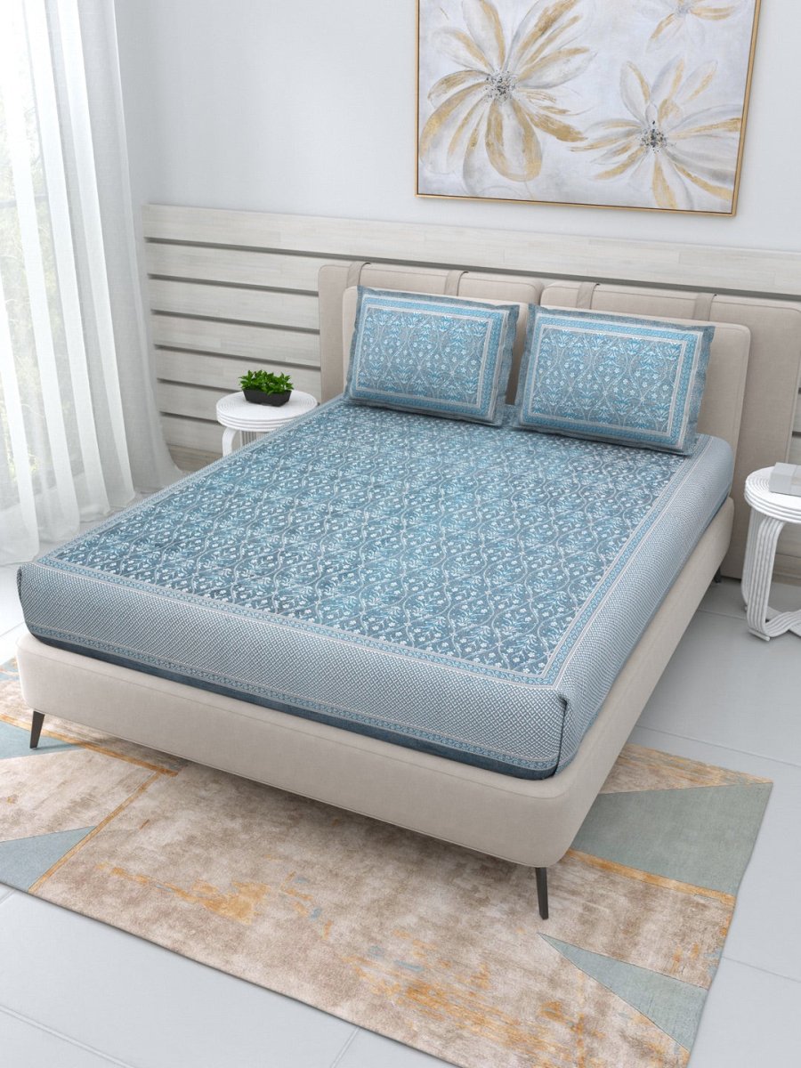 Jaipuri Hand Printed Queen Size Cotton Light Blue Bedding Set