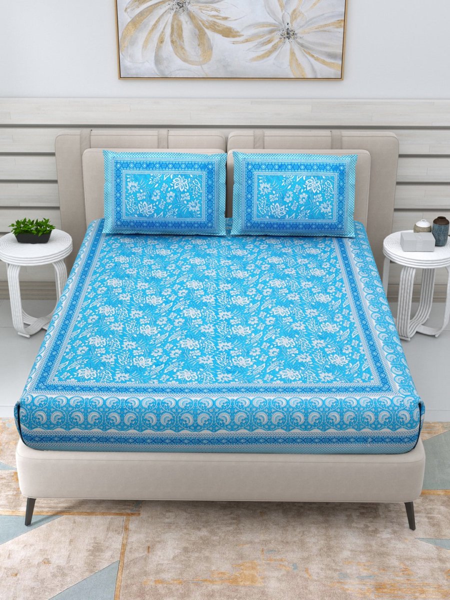 Jaipuri Hand Printed Queen Size Cotton Blue Bedding Set