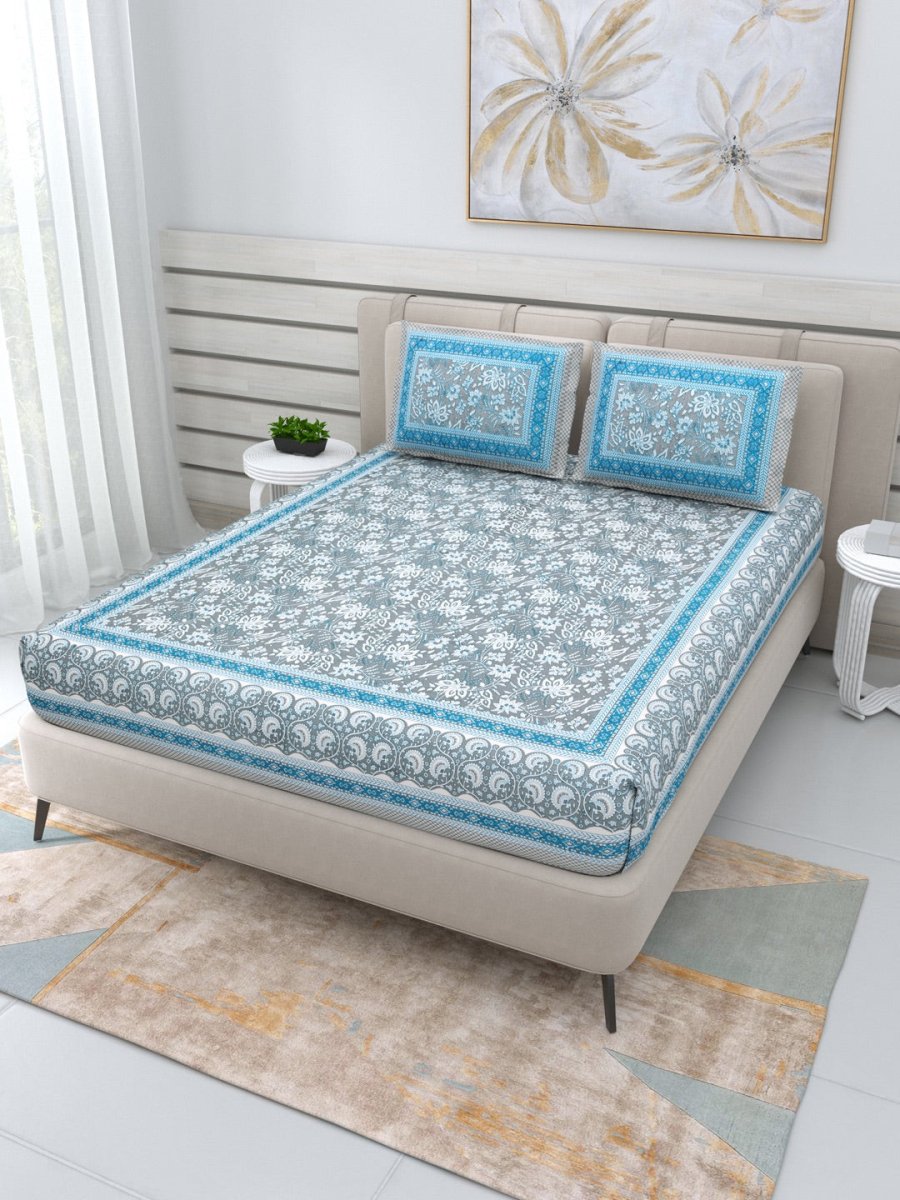 Jaipuri Hand Printed Queen Size Cotton Blue Bedding Set