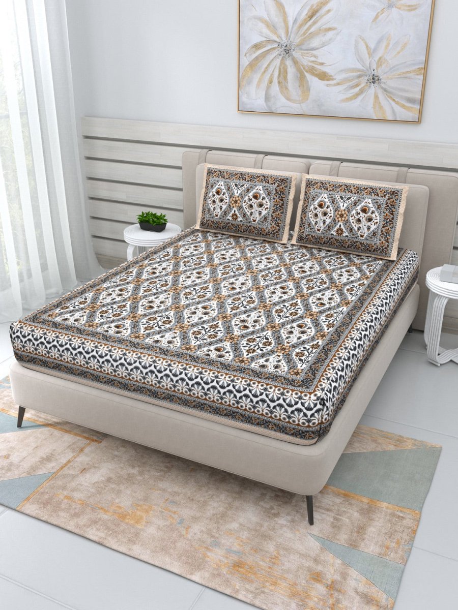 Jaipuri Hand Printed Queen Size Cotton Bedding Set -628