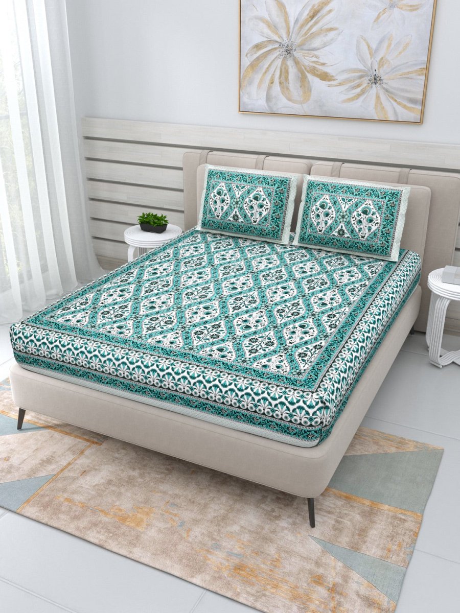 Jaipuri Hand Printed Queen Size Cotton Bedding Set -629