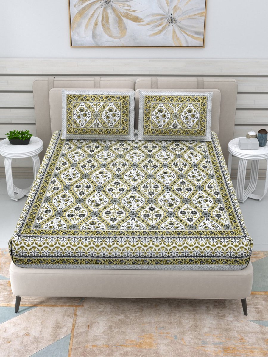 Jaipuri Hand Printed Queen Size Cotton Bedding Set -630