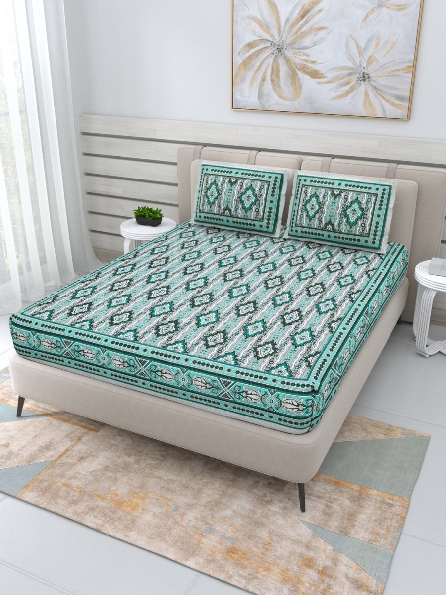 Jaipuri Hand Printed Queen Size Cotton Bedding Set -634